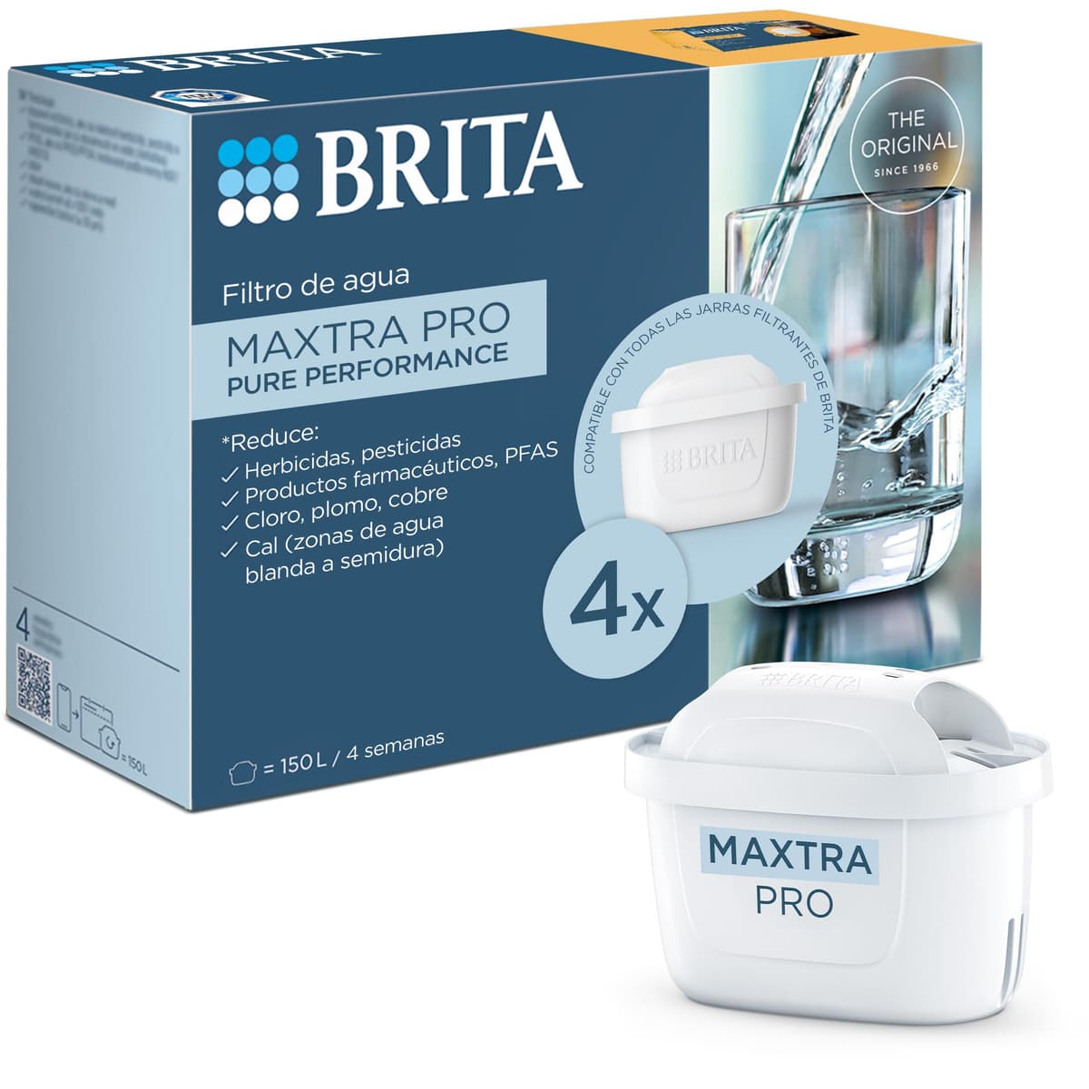 BRITA Cartucho Filtrante de Agua MAXTRA PRO Pure Performance (All-in-1) Pack 4 | Recambio original para todas las jarras BRITA para agua de sabor puro - filtra PFAS, cloro, cal y metales