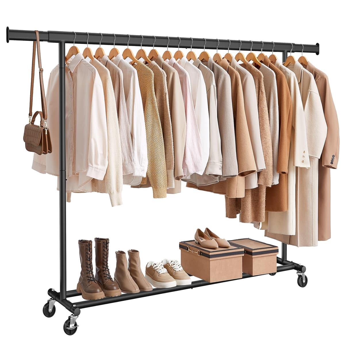 SONGMICS Burro Ropa con Ruedas, Perchero Burro Extensible con Carga Pesada, Capacidad de Carga Máx. de 150 kg, 45 x (160-200) x 161,5 cm, Fácil de Montar, Portátil, Negro HSR175B01