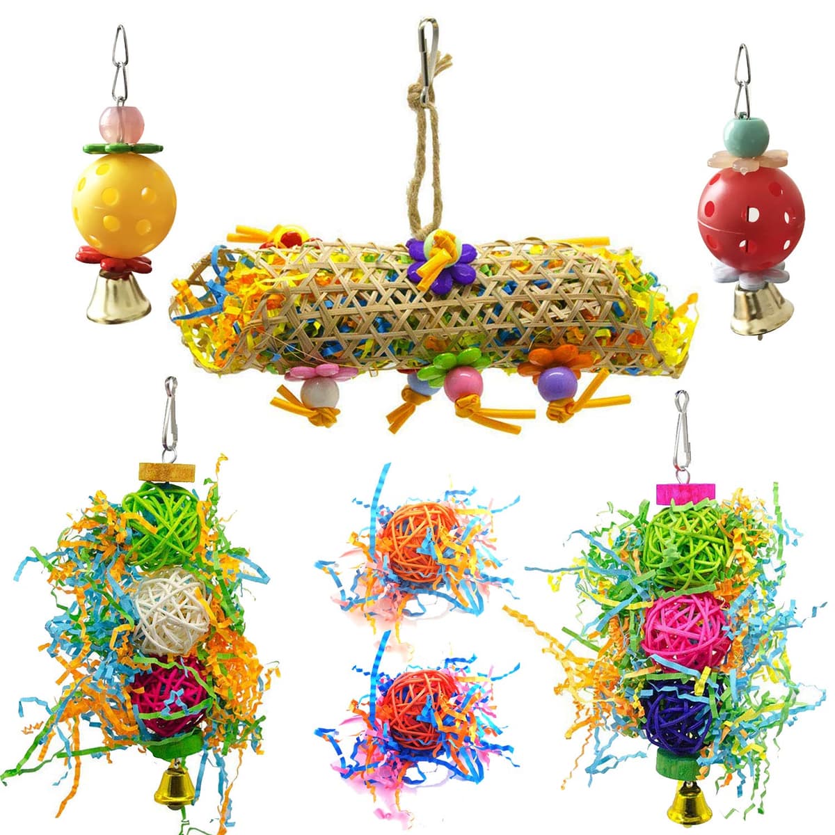Allazone 4 Talla Perca de Pájaro, Soporte de Percha para Polluelo Naturales para Pájaros Pájaro de Madera Soporte de Perca con 5 Pz Bolas de Ratán para Gallinas Loro