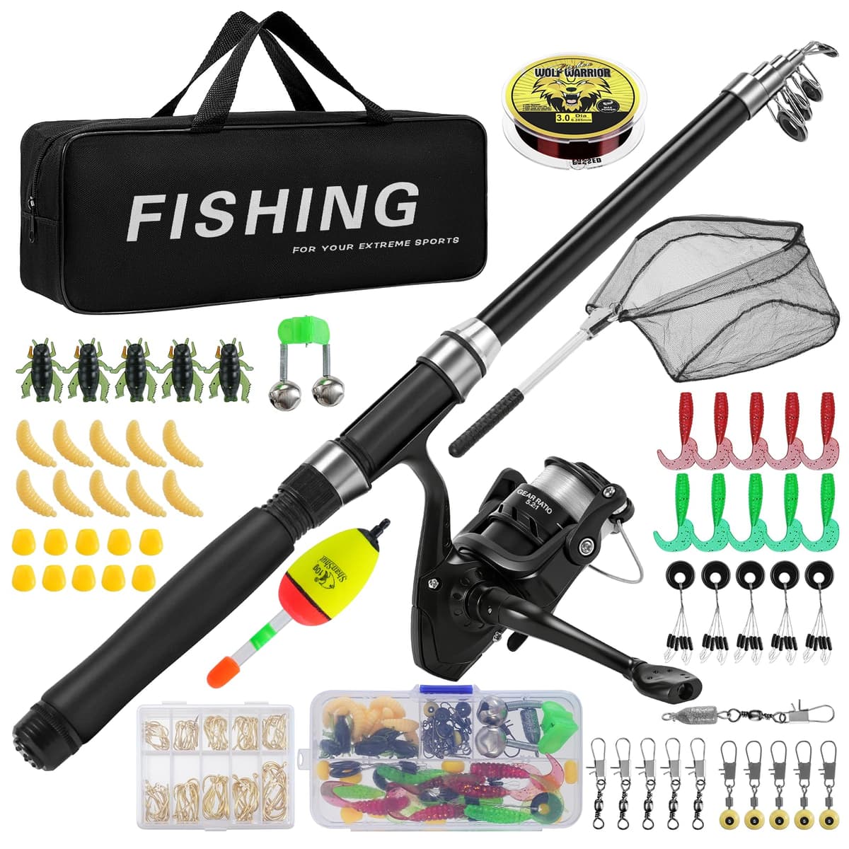 Lomffy Juego Combinado de Carrete y Caña de Pescar Telescópica, 1.8m Kit de Caña de Pescar Portátil con Red de Pesca Caña de Pescar Telescópica con Carrete con Línea Señuelo Bolsa de Transporte