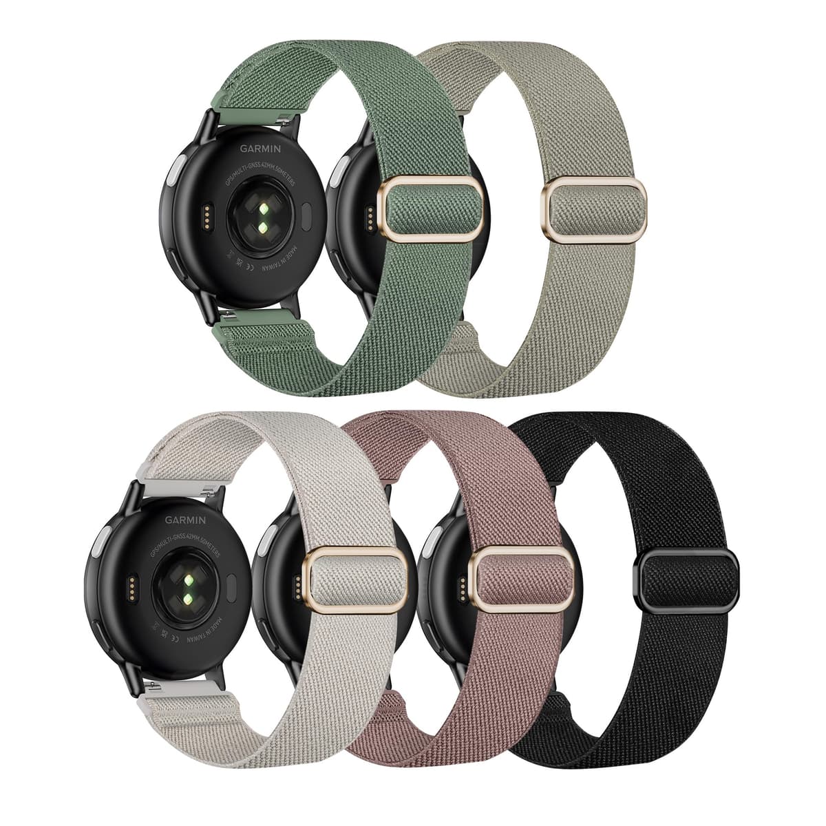 Laband 20mm Nylon Watch Straps for Garmin Vivoactive 6/5/3/3 Music/Forerunner165/55/645/245/570 42mm band, 5 Pack Soft Stretchy Fabric Adjustable Replacement Sport Straps for Venu/Venu Sq 2 Women Men