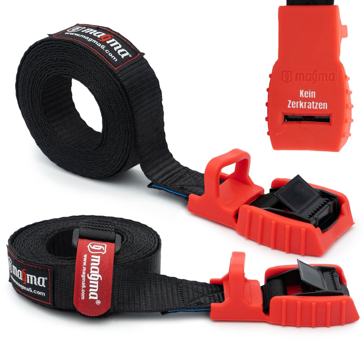 MAGMA Pack 2 Cinchas de Amarre de 3m | Correas para Baca Coche y Portabicicletas. Surf, Bici, Kayak, Moto | Hebilla -Trinquete con Protección de Goma para no rayar | Carga Segura - SWL: 250kgf Rojo