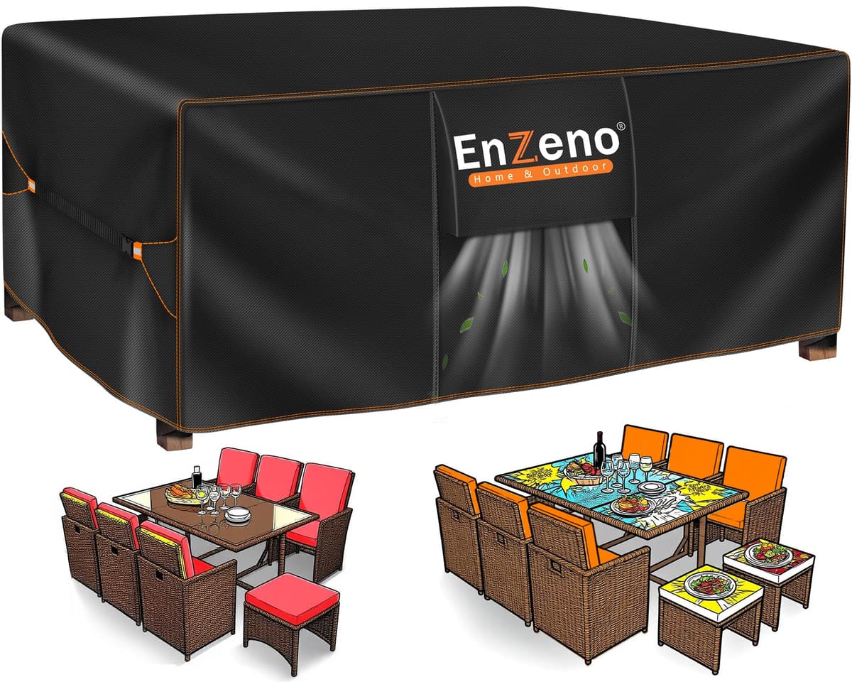 Enzeno Funda Mesa Exterior Impermeable,Cubierta Muebles Impermeable 180x120x74cm,Funda Conjunto Jardin Exterior Aplicable a Mesa y Sillas,Anti Viento, Anti UV