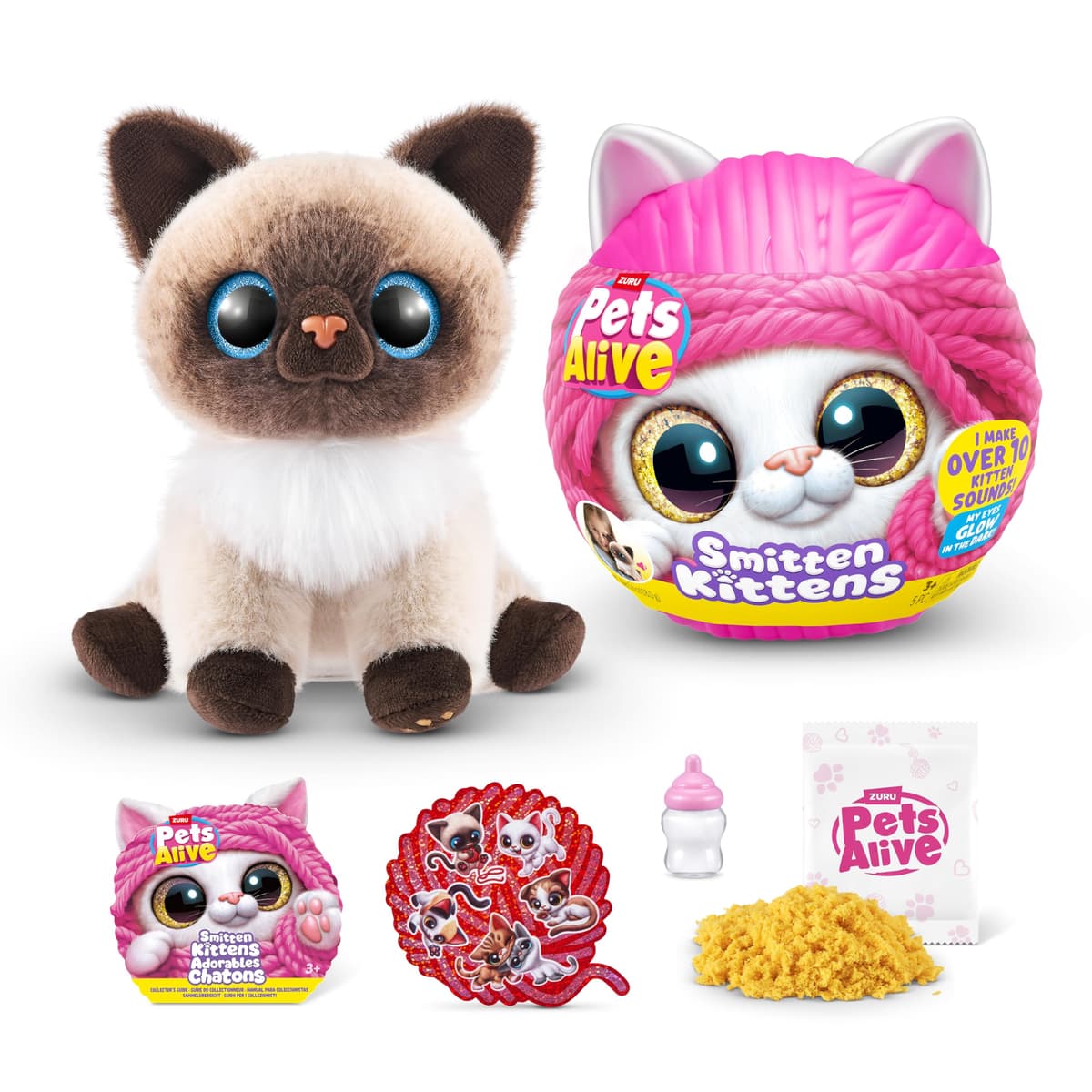 Pets Alive Smitten Kittens Surprise (Gato siamés Mooloo) por ZURU Nurture Play - Juguete Suave Unboxing Adopta 10 Sonidos interactivos