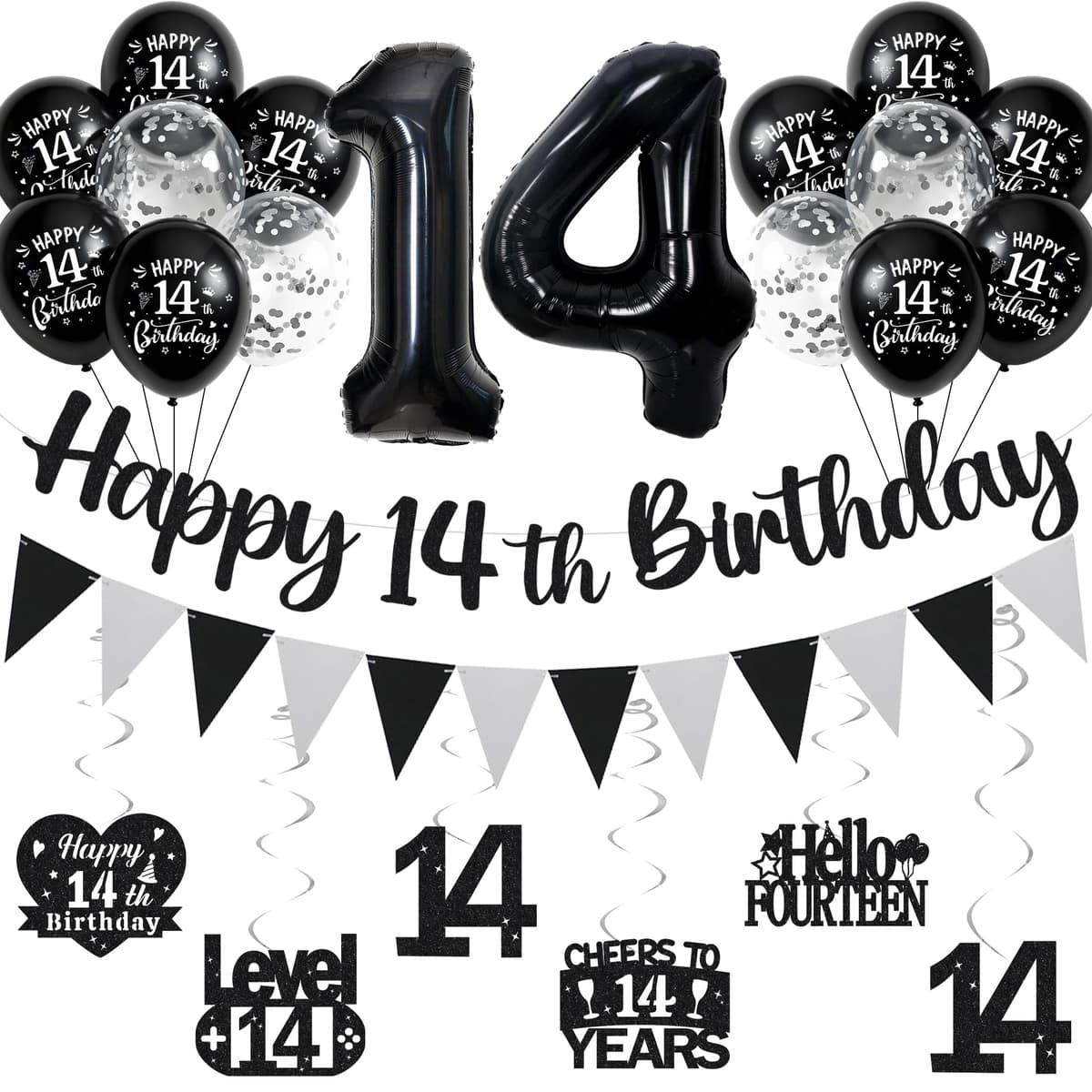 14th Birthday Decorations for Boys Girls - Black Silver Glitter Happy 14th Birthday Letter Banner and Pennant Flags, Number 14 Foil Balloons and Hanging Swirls for 14 Years Old Children Party Supplies