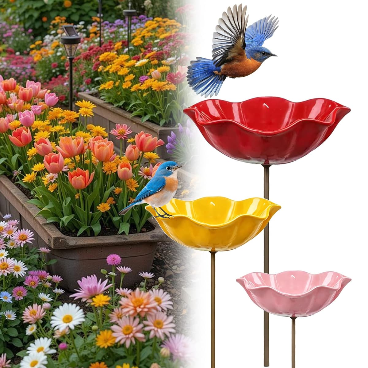 Handmade Metal Flower Garden Stake, Flower-Shaped Bee Watering Station Bird Bath for Garden, Dual Function Bird Bath and Pollinator Water Station for Gardens, Lawn, Patio Decor (3PCS)