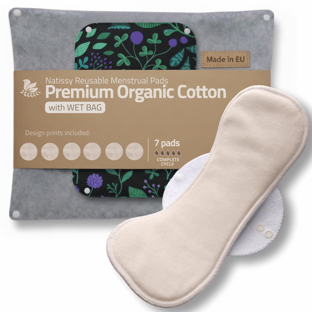Compresas reutilizables en algodón orgánico para flujo menstrual ligero y abundante (S+M+L+XL, 7 uds); lavables a alta T°, HECHAS EN LA UE; suaves, no irritantes y cómodas, compresas tela para mujeres