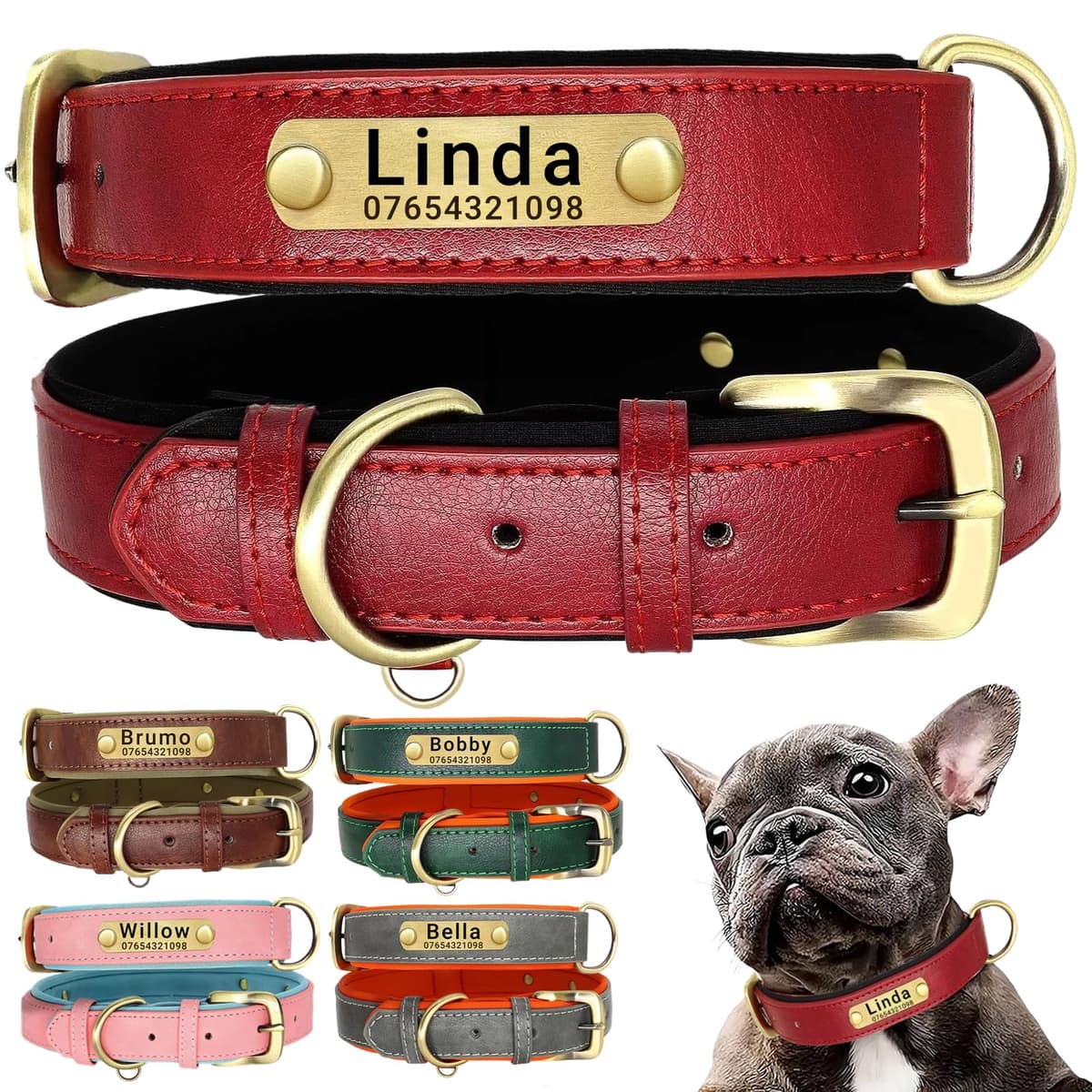 Genuine Leather Dog Collar Personalised, Soft Padded Leather Dog Collars Heavy Duty with Custom Engraved Name Plate Adjustable for Small Medium Large Dogs (L, Red 35-45cm)