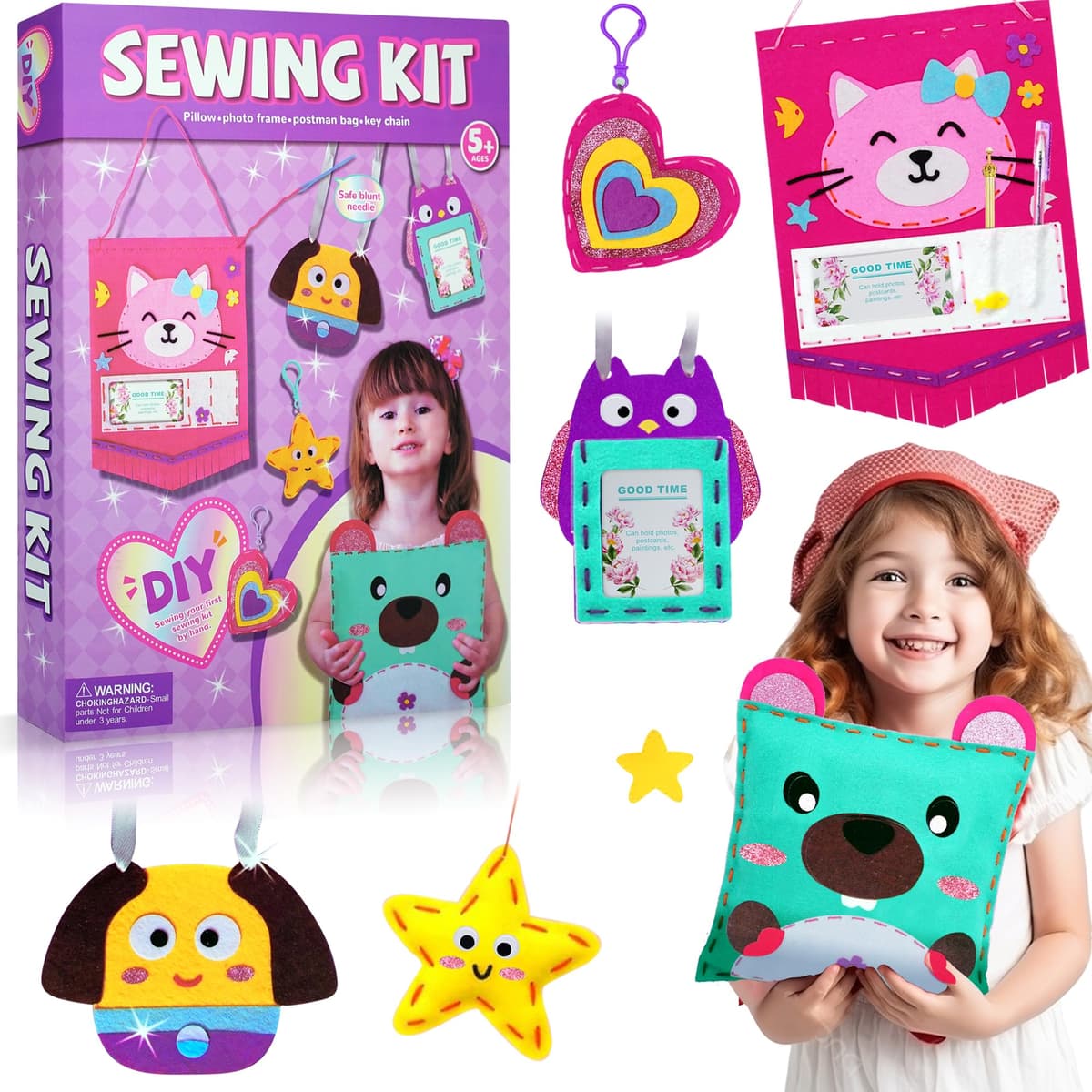 Aimiffy My First Sewing Kit for Kids, Beginners in Arts and Crafts, Includes 6 Easy Project Dolls, Pillows, Instructions and Felt Materials for Learning to Sew and Embroidery