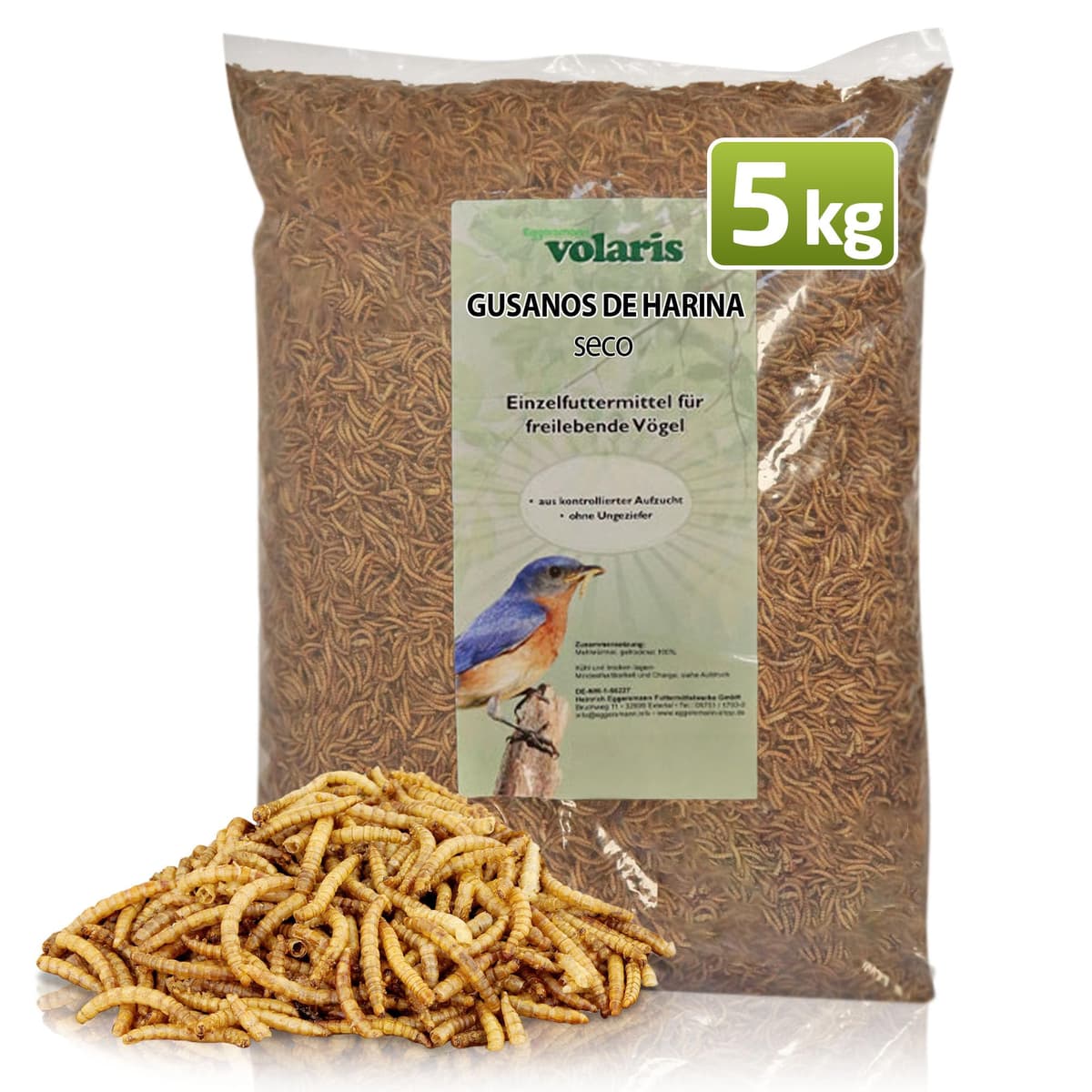 Eggersmann volaris 5 kg de gusanos de harina secos, ricos en proteínas y naturales, ideal para todos los animales domésticos, alimento para todo el año
