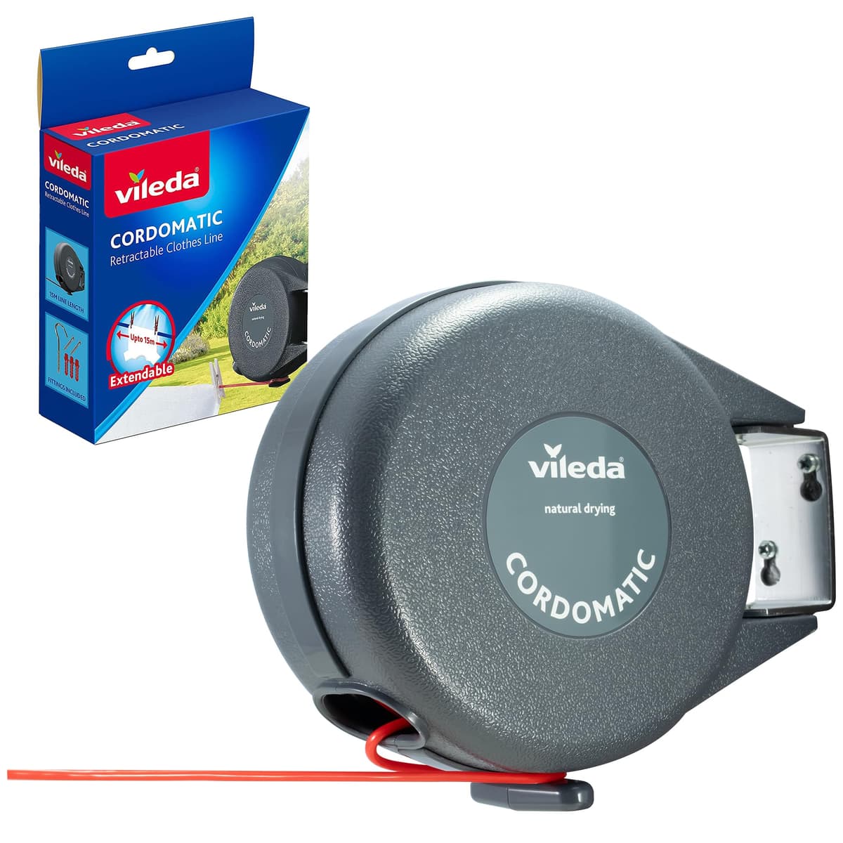 Vileda Cordomatic Retractable Washing line 15m | 1 x 15m clothes line holds up to 15kg | Extendable Clothes Line | Automatic retraction | Strong and durable | Wall Mounted for Indoor & Outdoor Use