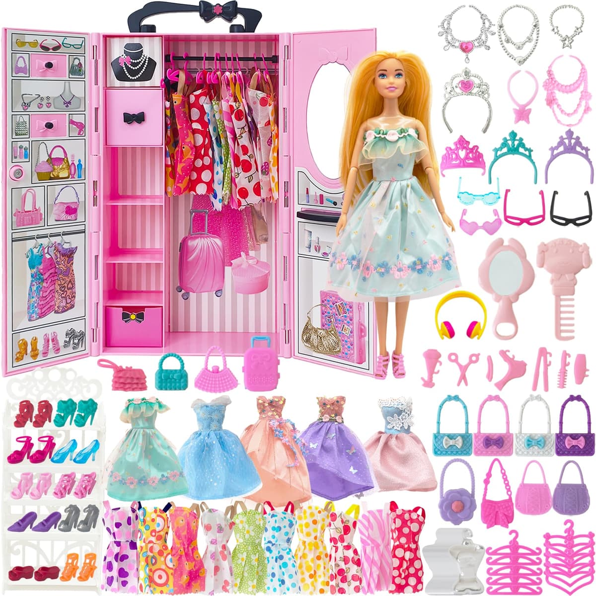 122 Piezas Armario Muñecas con Muñeca 11,5 Pulgadas, Ropa y Accesorios, Incluye Vestido Princesa Zapatos Bolsos Otros Complementos, Juguetes Disfraces Adecuados para Niñas, Niños y Niños (Rosa)