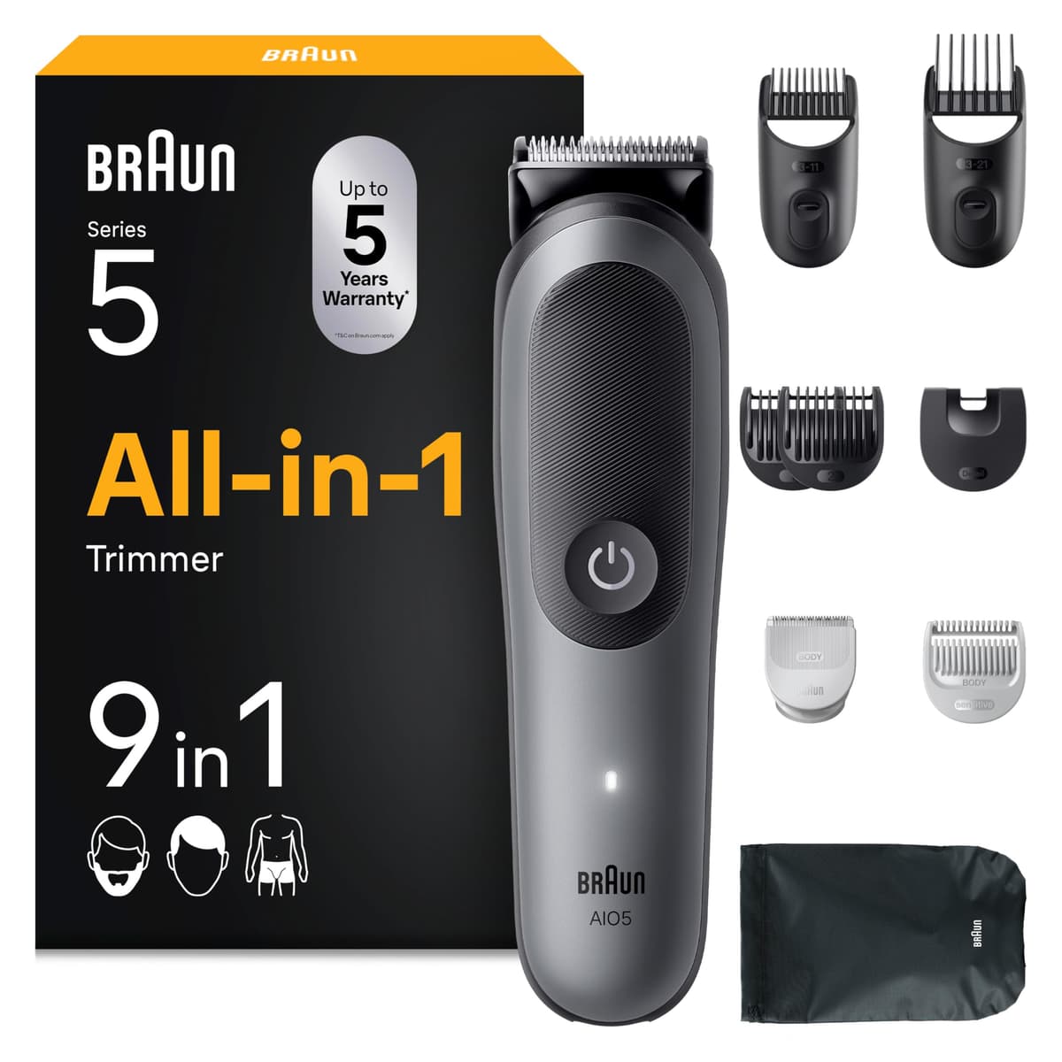 Braun Recortadora Todo en Uno Series 5, AIO5545, Kit de Styling 9en1 para Barba, Pelo, Orejas, Nariz Y Cuerpo, 120 Min, Cortapelos Hombre con Lámina Ultra Afilada, Recorte Preciso Y Eficiente, Gris