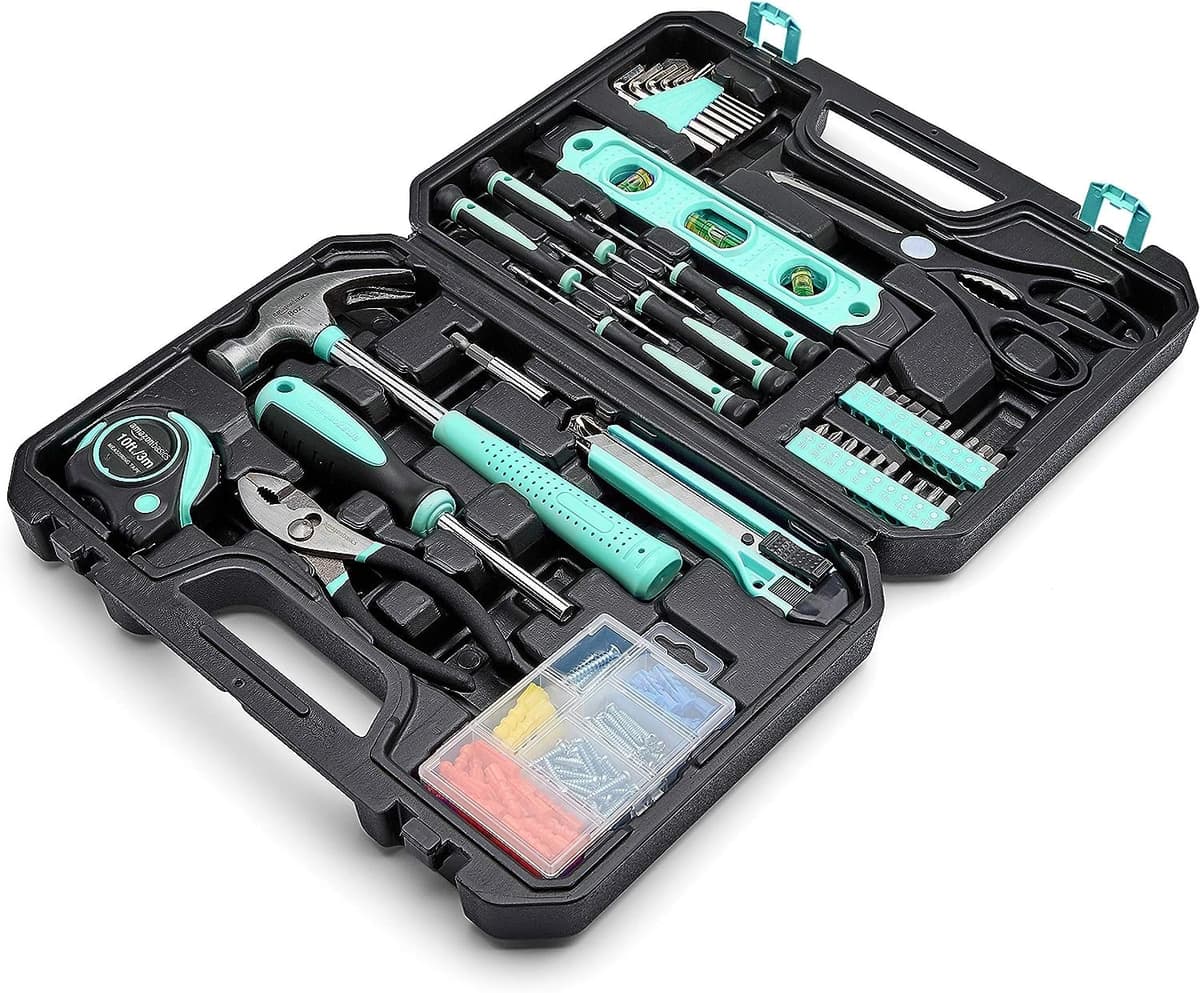 Amazon Basics - Kit de herramientas para el hogar con estuche, 142 unidades, Azul Turquesa, 34 x 23,5 x 7,5 cm