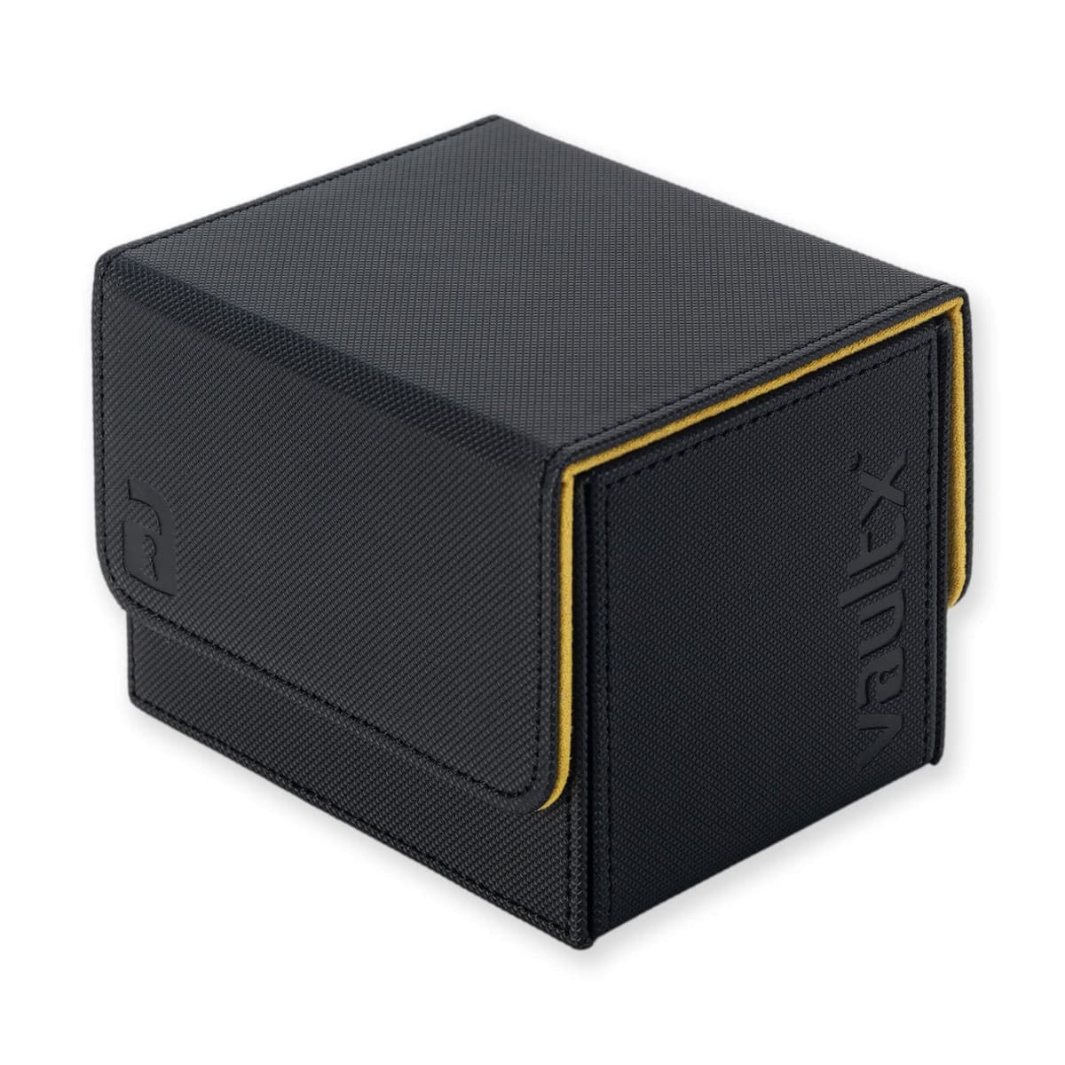 Vault X Caja para mazos de cartas coleccionables de carga lateral, 100+ cartas, material Exo-Tec de primera calidad, tapa magnética extraíble, MTG Commander, TCG (Negro/Amarillo)