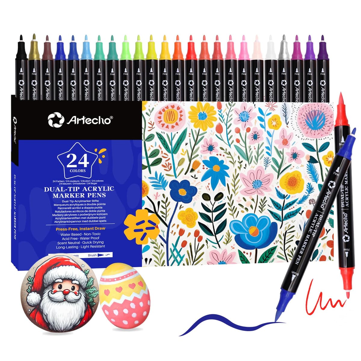 Artecho Lápices acrílicos de 24 colores, 0,5 – 5 mm, resistente al agua, doble punta (pincel y punta fina), con extremos dobles para pintura de roca, papel, madera, huevo, lienzo