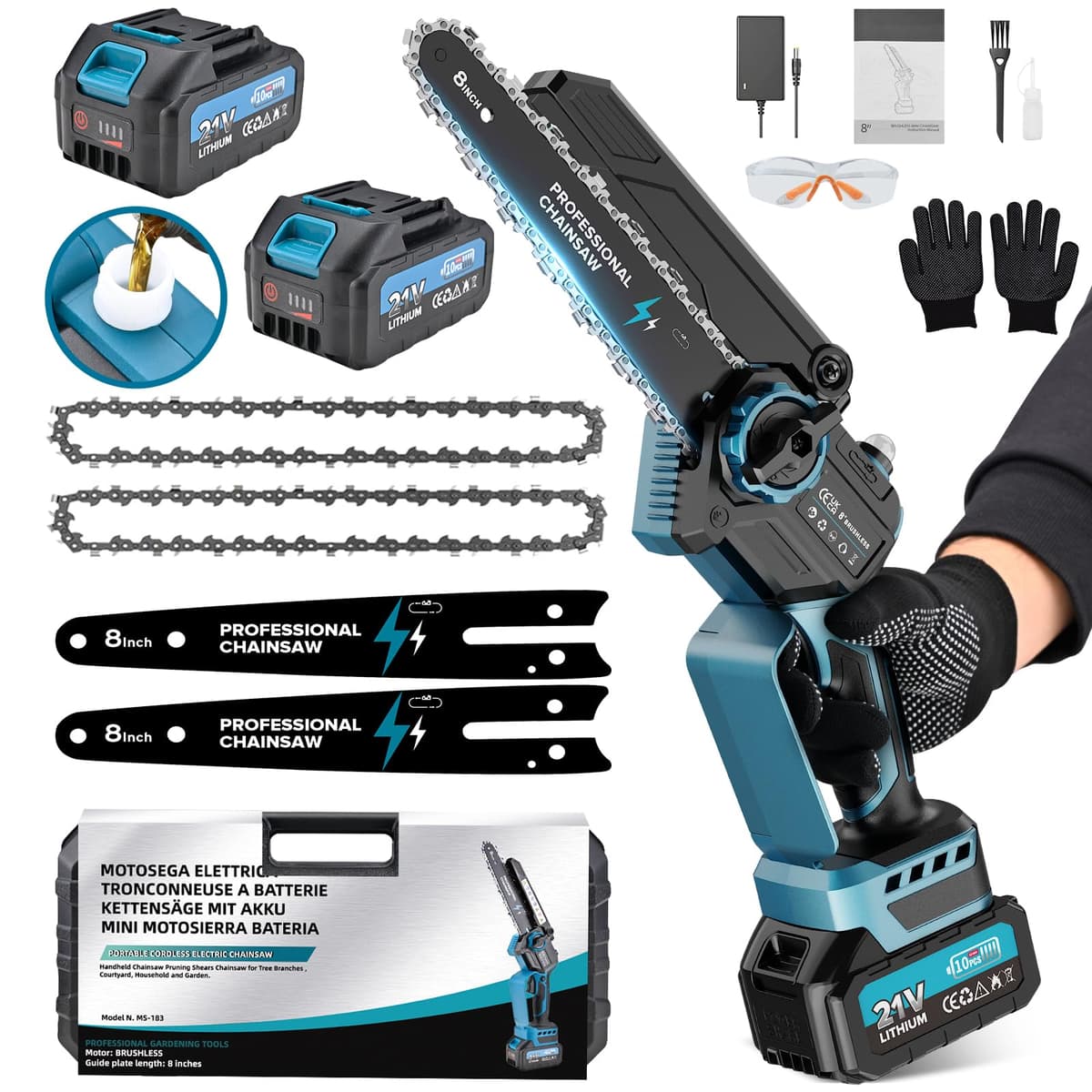 Mini Motosierra Bateria, 8000mAh Sierra Eléctrica Bateria Motor sin Escobillas 8 Pulgadas, con El Aceite y 2 Baterías, Motosierra Inalámbrica Portátil para Podar, Árboles (1200W)