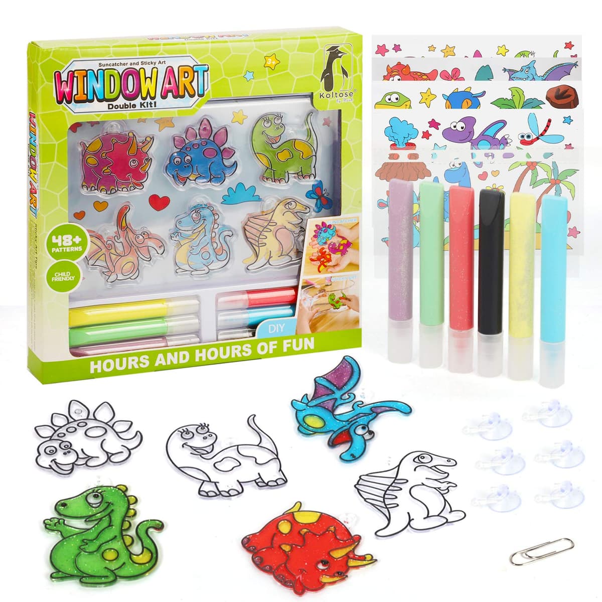 Koltose by Mash Dinosaur Suncatcher Kit, Includes 6 Dinosaur Sun Catchers, 6 Paints, 4 Templates and More, Double Kit - Window Art and Sticky Suncatcher Art