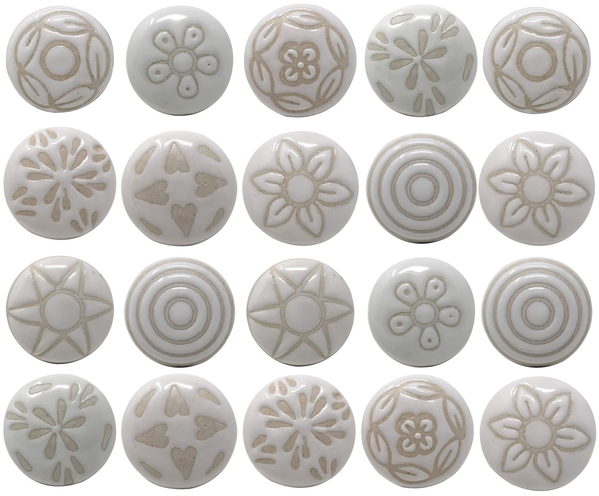 Ajuny Vintage Juego de 20 Pomos de Cerámica Blanca para Cómoda Cajón Armario Cocina Moderna Baño y Dormitorio Tiradores Decorativos Hechos a Mano