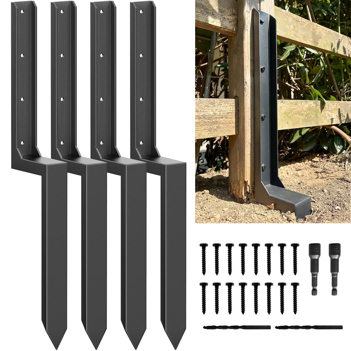 Fence Post Repair Kit - One-Piece Steel Anchors & Stakes to Quick Fix Broken/Leaning 4x4/6x6 Wood Posts (Thickened 11-Gauge, 4-Pack)