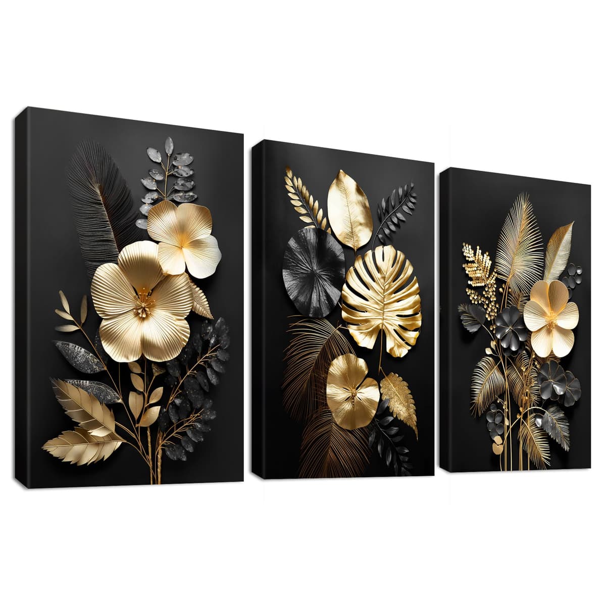 3 Panels Wooden Framed 3D Black Gold Flowers Canvas Wall Art Tropical Monstera Coconut Leaves Painting on Canvas Prints Pictures for Living Room Bedroom Home Wall Decoration 90x40cm(12"x16"x3pcs)