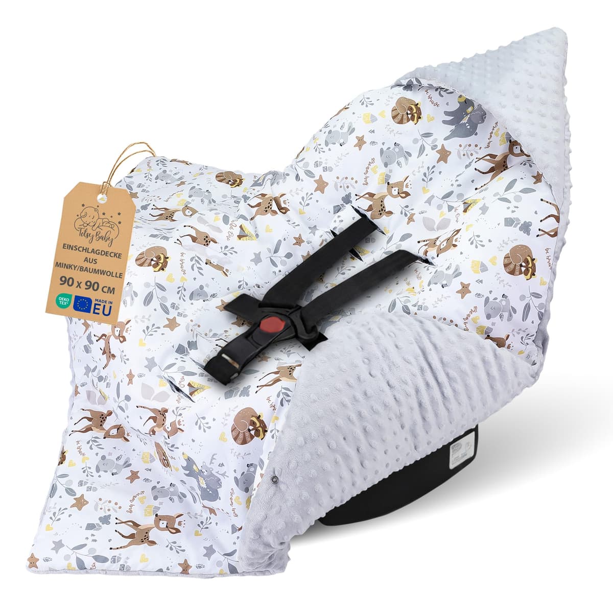 Manta porteo saco para silla de coche paseo capazo y carro verano 90x90 cm - universal arrullo cobertor cochecito para niños y niñas lavable y transpirable Minky Oeko-Tex Ciervo Gris Claro