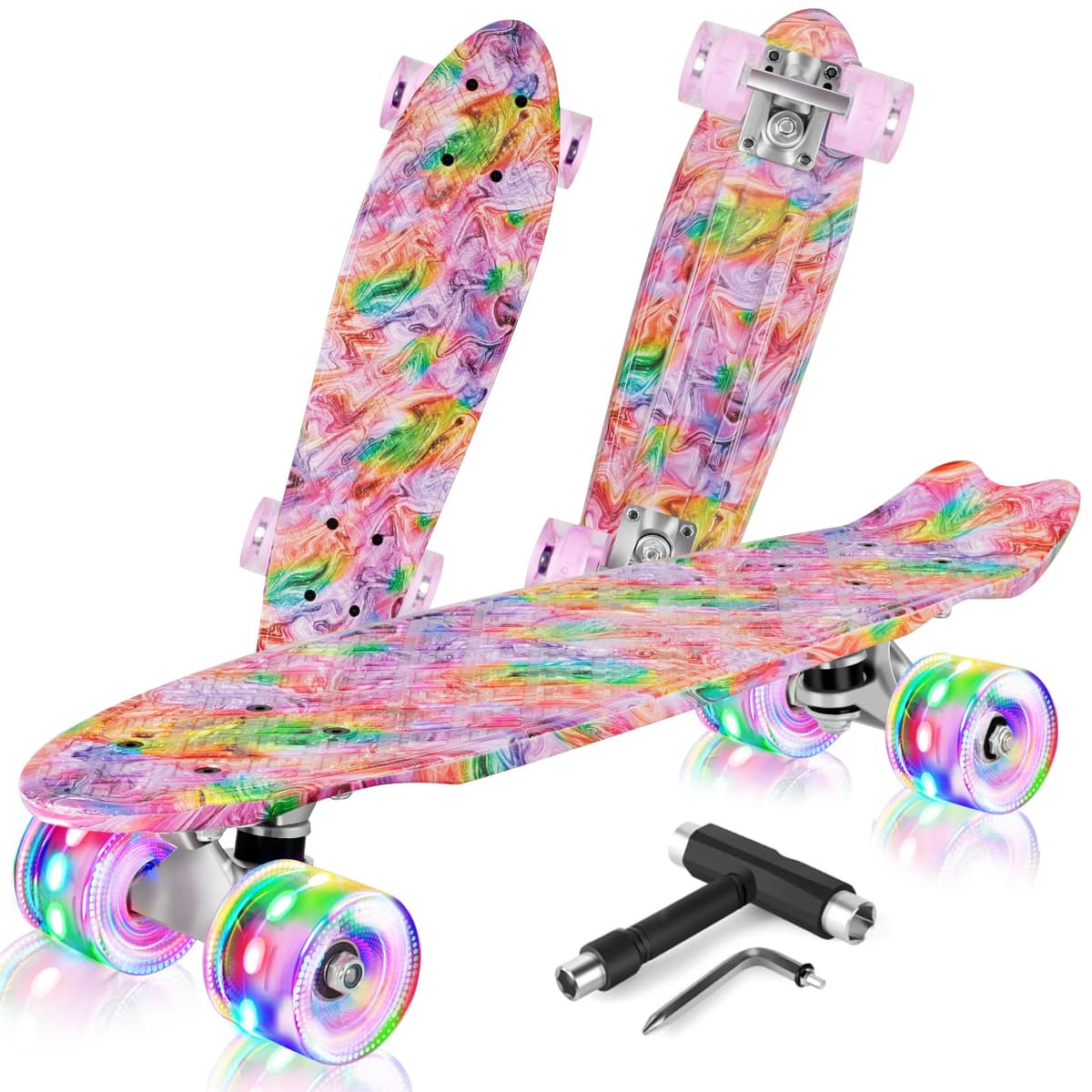 BELEEV Skateboard Complete 22 x 6 Inch Mini, para Niños, Adolescentes, Principiantes, Ruedas con luz LED de PU con Herramienta en T para Patines Todo en Uno, Monopatín 55cm