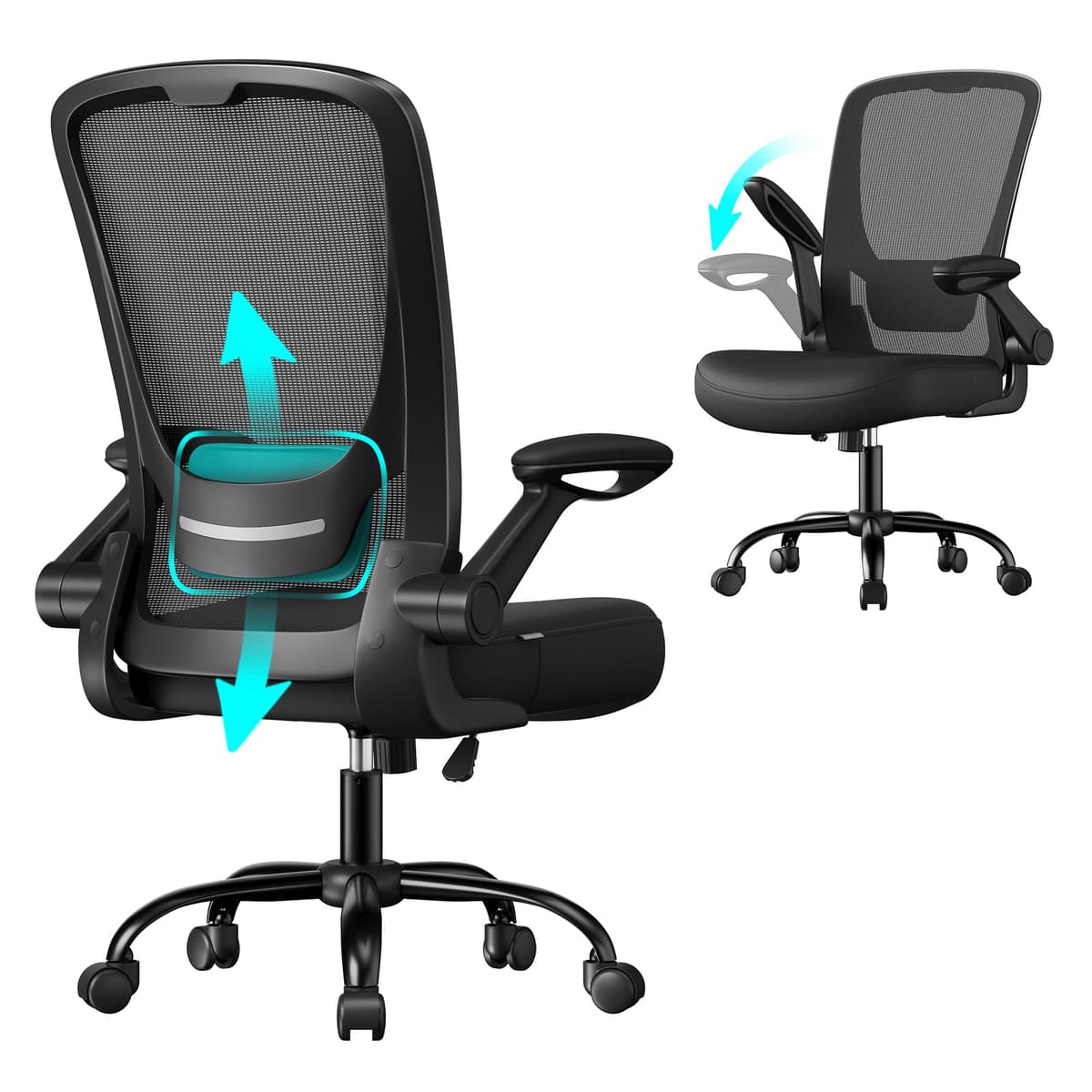 SONGMICS Silla de Oficina, Silla de Escritorio de Malla, Silla Giratoria Ergonómica, Soporte Lumbar, Oscilante, Asiento de 53 cm, Apoyabrazos Abatibles, Negro OBN037BKV2