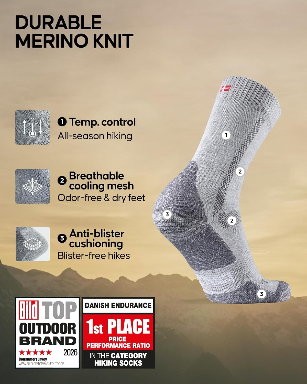 DANISH ENDURANCE Hiking Socks, Breathable Merino Wool Walking Socks with Anti Blister Cushioning, for Men & Women, Unisex, 3