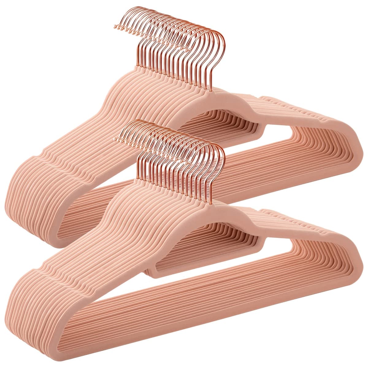 SONGMICS Percha de Terciopelo, Juego de 50, Antideslizantes, con Barra Corbata y Gancho Oro Rosa, 0,6 cm Espesor, Ahorra Espacio, 43,5 cm Largo, Abrigo Pantalón, Rosa Coral CRF21PK50