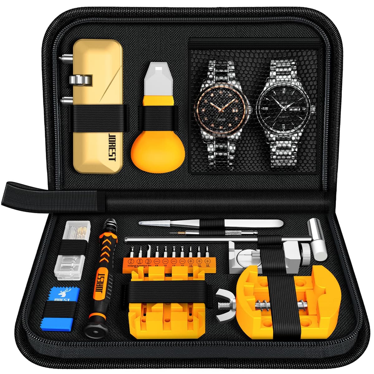【Nuevo 2024】JOREST Herramientas Relojero, Kit Reparacion Reloj, Cambiar Pilas Relojes, Quitar Eslabones, Llaves Reloj, Destornillador Abrir Tapa, Martillo Ajustar Relojes, Acortar Correas, Pasadores