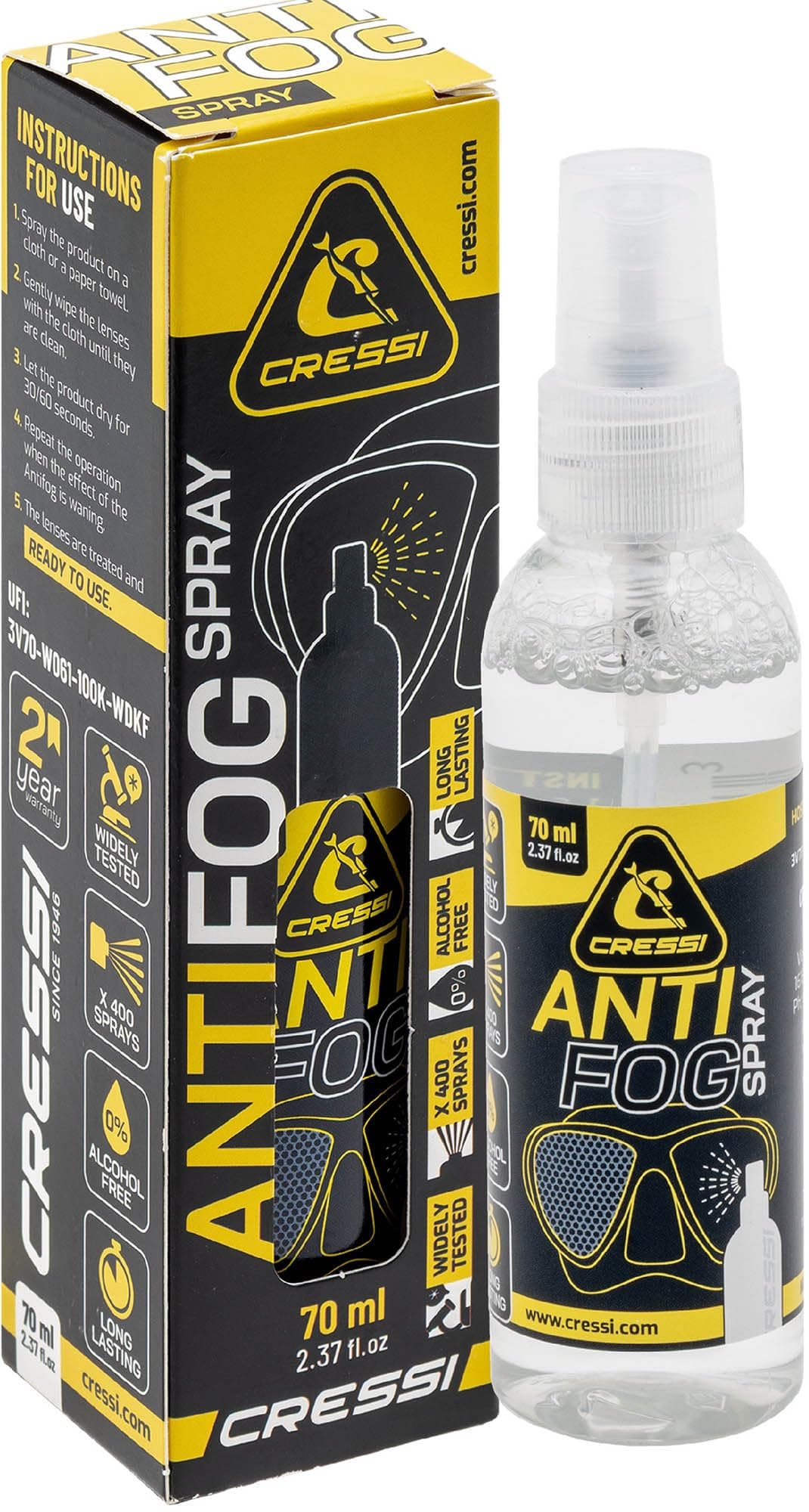 Cressi desde 1946 - Premium Anti Fog Spray 70 ml para Máscaras de Buceo y Gafas de Natación, Transparente, 1 Paquete de 70 ml, Adulto Unisex