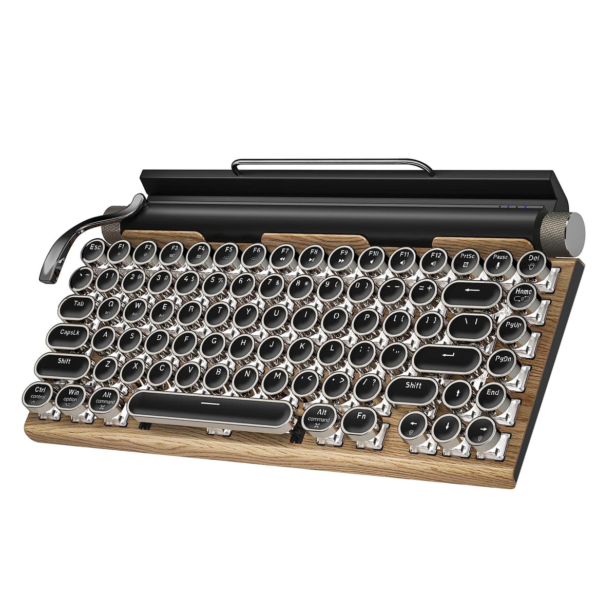 Retro Typewriter Wireless Mechanical Gaming Keyboard, Bluetooth 5.0 Office Computer Vintage Keyboards 83-Key Blue Switches Punk Round Keycap, LED Backlight, Compatible with PC/Laptop/Pad/Phone, Wood