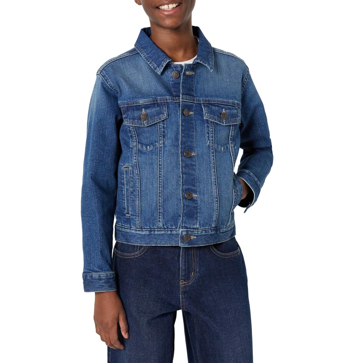 Amazon Essentials Unisex Kids' Medium Stretch Regular-Fit Denim Trucker Jacket for Boys and Girls