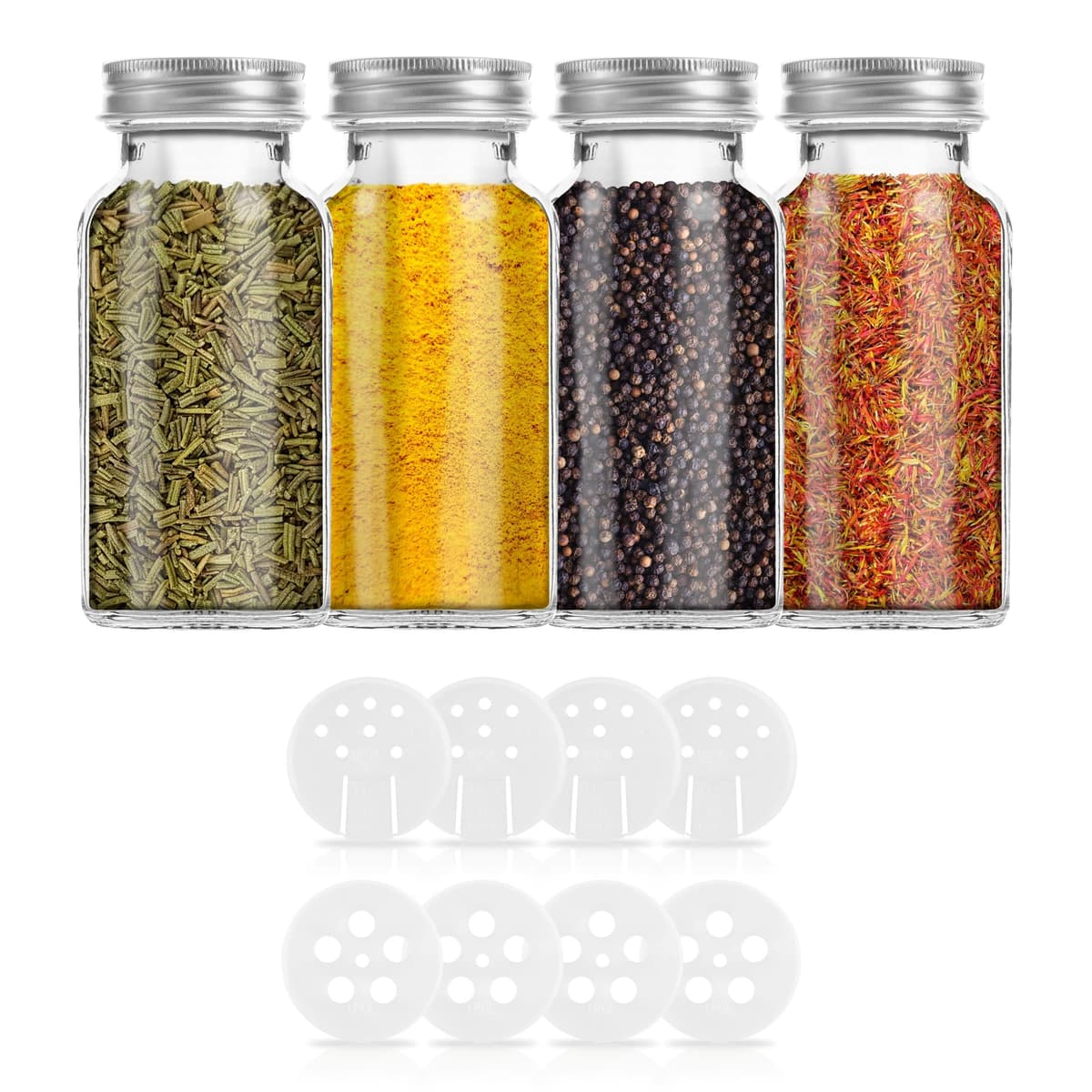 Kamoro HOME & KITCHEN 4 spice jars for easy storage of spices - Extra large capacity of 170ml - 8 shakers of 2 shapes for easy dosing