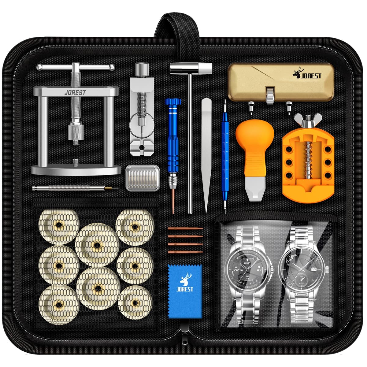 JOREST Kit Reparacion Reloj con Prensa Tapa Reloj, Herramientas Abrir Caja Relojero, Cambiar Pilas Relojes, Abridor Llaves Reloj, Destornillador, Ajustar/Acortar Correas Relojes, Quitar Eslabones